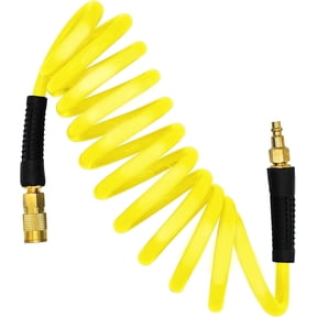 YOTOO Polyurethane Recoil Air Hose 3/8" Inner Diameter by 10' Long with Bend Restrictor, Repairable 1/4" Industrial Quick Coupler and Plug, Yellow