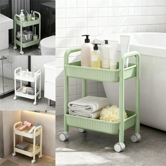 YOTQUSKI 2 Tier Utility Carts with Wheels, Small Cart, Bathroom Cart, Rolling Organization Cart with Handle for Office, Living Room, Kitchen, Laundry