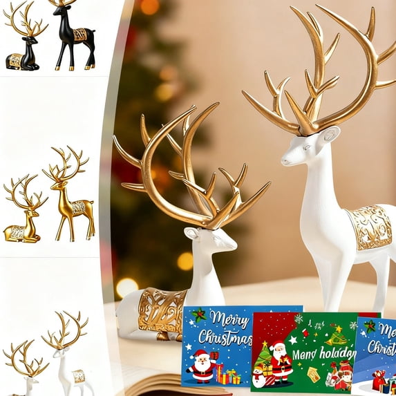 YOTQUSKI 2PCS Holiday Deer with 6PCS Christmas Greeting card, Electroplated Gold Deer, Christmas Tabletop Decor, Christmas Gift, 5.91''×3.94'' and 8.27''×4.72''