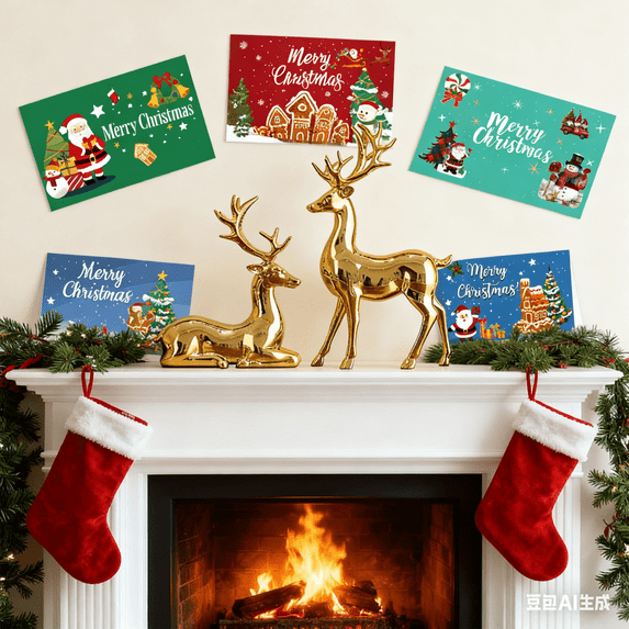 YOTQUSKI 2PCS Holiday Deer with 6PCS Christmas Greeting card, Electroplated Gold Deer, Christmas Tabletop Decor, Christmas Gift, 6.69''×3.93'' and 4.33''×3.74''