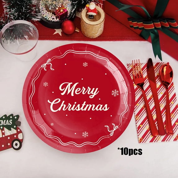 YOTQUSKI Christmas Plates, 10Pcs Disposable Plastic Plates, Two Size Dinner Plates Dinnerware, 7 &9 inch Dessert Plates for Party & Wedding