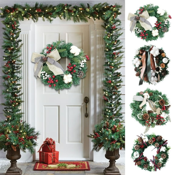 YOTQUSKI Christmas Wreath with Lights, 11.8" Christmas Wreaths for Front Door, Wreath with Balls, Bow, Pine Cones & Pine Needles Door Wreath for Indoor Outdoor Christmas Decor