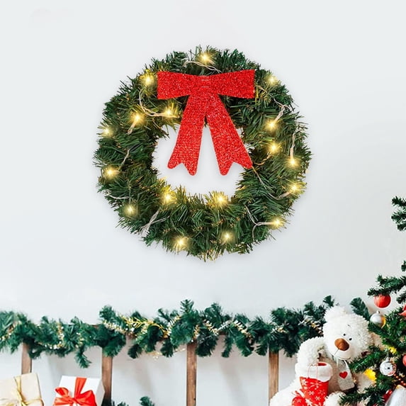 YOTQUSKI Christmas Wreaths for Front Door, 15.74" Christmas Wreath with Light, Indoor Outdoor Christmas Decorations Artificial Wreaths with 20 Bulbs & Bow