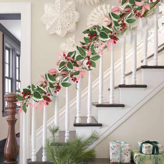 YOTQUSKI Flower Garland, 5Ft Christmas Garland, Spring Greenery Garland with Red Berries, Artificial Floral Greenery Vine for Mantle Staircase Indoor and Outdoor