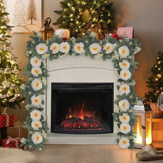 YOTQUSKI Flower Garland, 6Ft Christmas Garland, Spring Eucalyptus Garland with 14 Roses, Artificial Floral Greenery Vine for Arch Table Centerpieces Backdrop Party Home Wedding Decorations