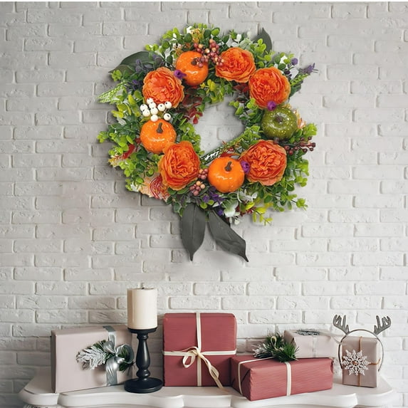 YOTQUSKI Halloween Wreath, Wreath for Front Door, Autumn Large Artificial Outdoor Wreath, Fall Wreath with Peony & Pumpkin Fall Decorations for Porch, Window,Farmhouse,Home,Holiday Decor