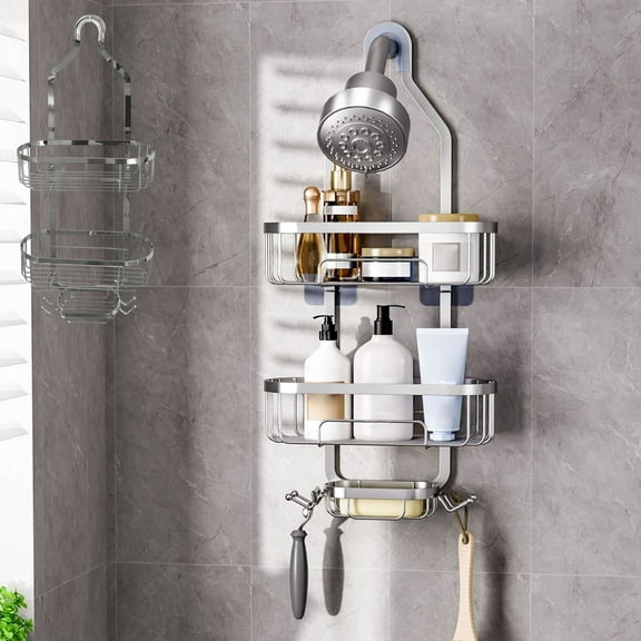 YOTQUSKI Hanging Shower Caddy, Shower Caddy Over Shower Head, Anti-Swing Shower Organizer, Stainless Steel Shower Shelves,Rack with Soap Basket and Hooks