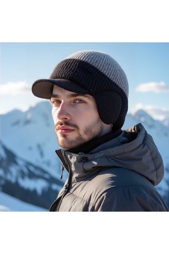 Hat With Ear Flaps and Bill, Ear-protecting Knitted with Brim and Ear Flaps, Winter Thickened Cold-Proof Hat, Gear Outdoor Warm Stocking Caps for Men