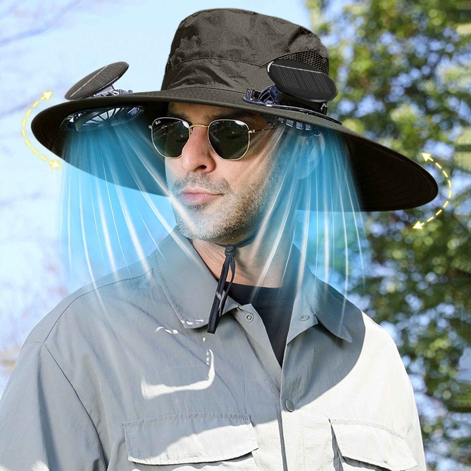 YOTQUSKI Solar Fan Hats for Men, Outdoor Wide Brim Sun Hat with 2 Solar Fan Sun, Breathable Bucket Hat for Men Women with Ice Silk Mask , UPF 50+ Bucket Fishing & Beach Hat with Fan Built in