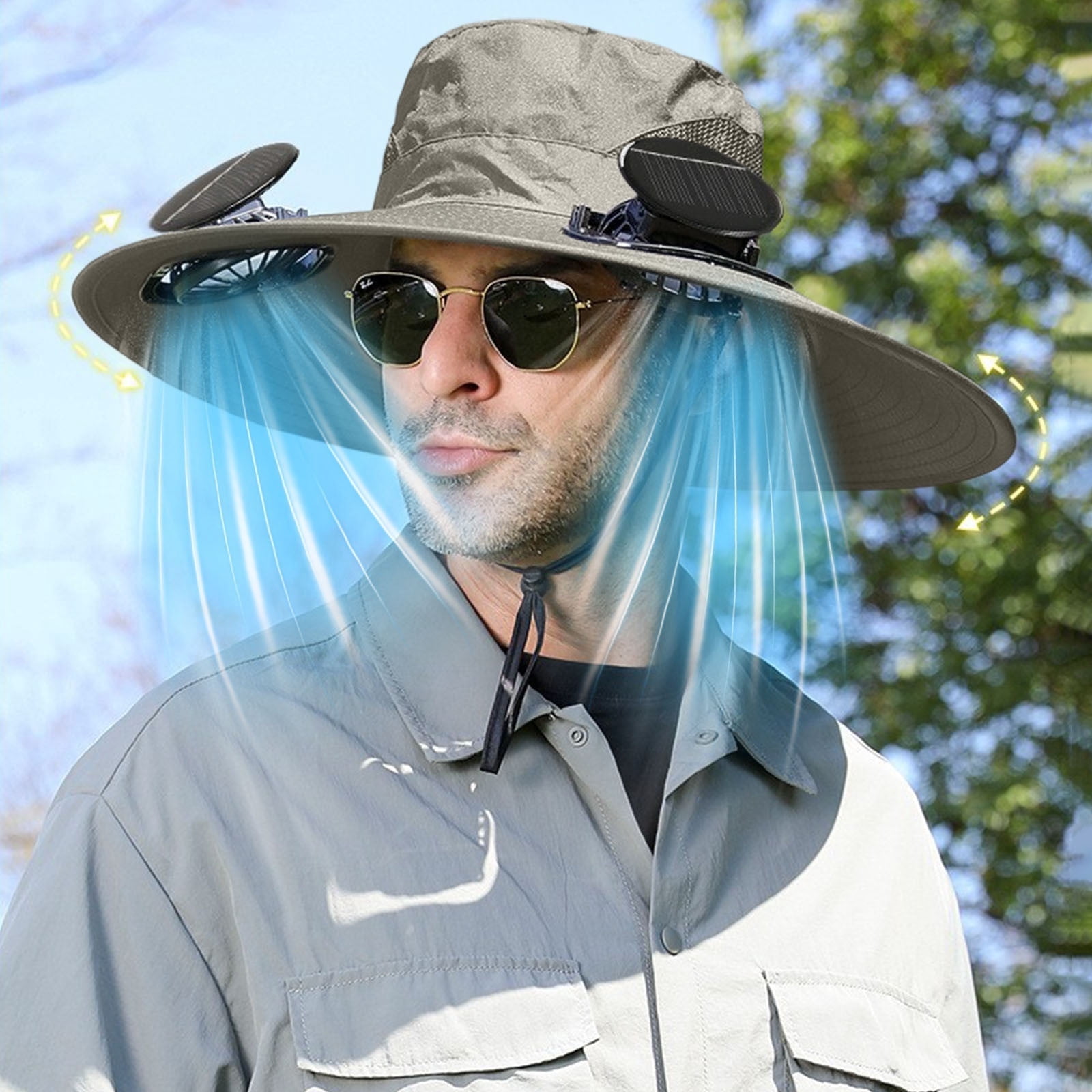 YOTQUSKI Solar Fan Hats for Men, Outdoor Wide Brim Sun Hat with 2 Solar Fan Sun, Breathable Bucket Hat for Men Women with Ice Silk Mask , UPF 50+ Bucket Fishing & Beach Hat with Fan Built in