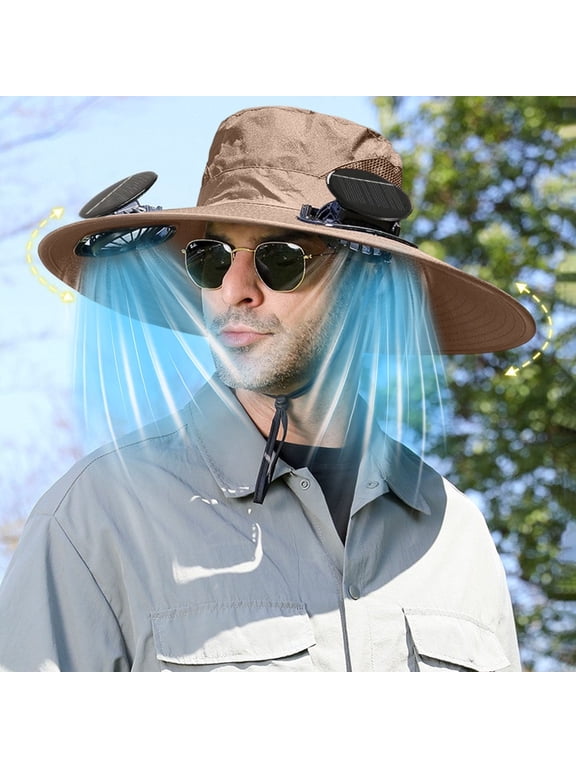 YOTQUSKI Solar Fan Hats for Men, Outdoor Wide Brim Sun Hat with 2 Solar Fan Sun, Breathable Bucket Hat for Men Women with Ice Sleeves, UPF 50+ Bucket Fishing & Beach Hat with Fan Built in