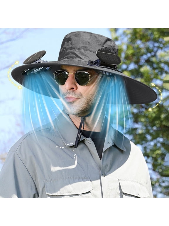 YOTQUSKI Solar Fan Hats for Men, Outdoor Wide Brim Sun Hat with 2 Solar Fan Sun,Waterproof & Breathable Bucket Hat for Men Women , UPF 50+ Bucket Fishing & Beach Hat with Fan Built in