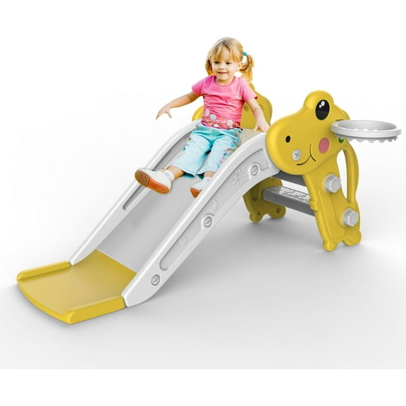 YOTREE Toddler Slide, Green Playful Style, Kids Slide Playset with Ball & Hoop, Non-Slip Steps, Indoor Outdoor, 1-3 Years Yellow