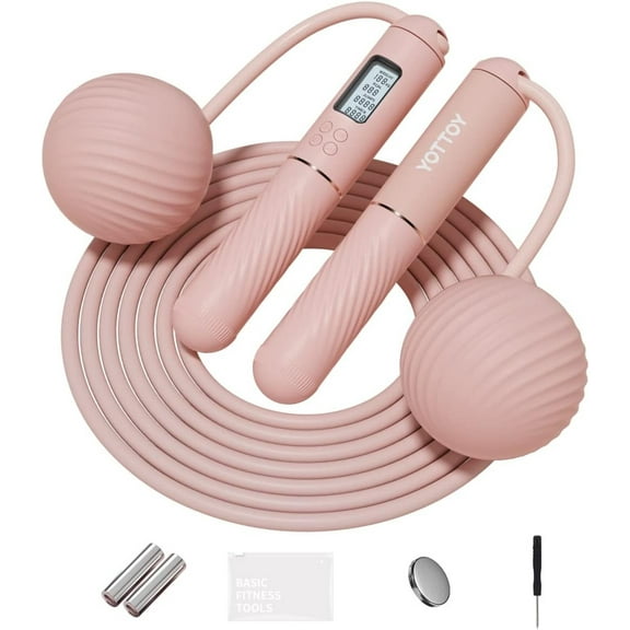 YOTTOY Cordless Jump Rope with Counter and LCD, Weighted Ball Design, Pink, Adjustable for Adults & Women