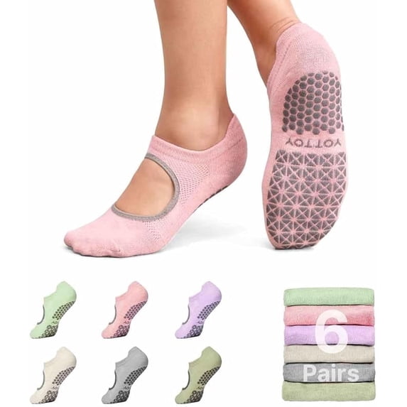 YOTTOY Pilates Socks for Women(6 Pairs)–Breathable, Grip-Enhanced Non-Slip Yoga Socks, Durable & Perfect for Home Workouts