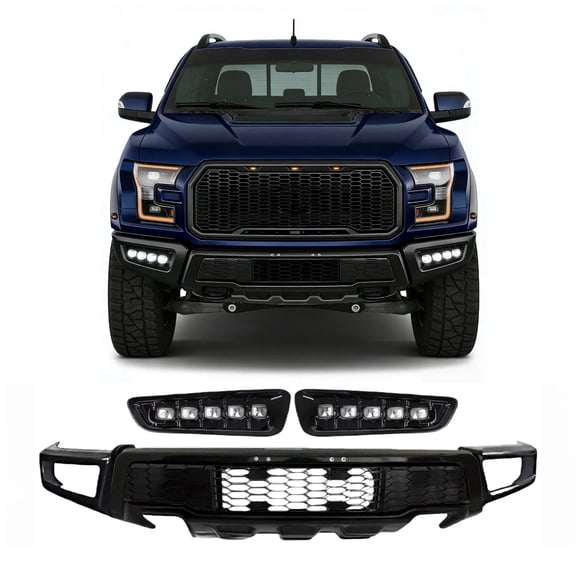 YOTZU Raptor Style Black Front Bumper with LED Fog Lights Compatible with 2015-2017 Ford F-150, Honeycomb Mesh Grille Off-Road Front Bumper Replacement