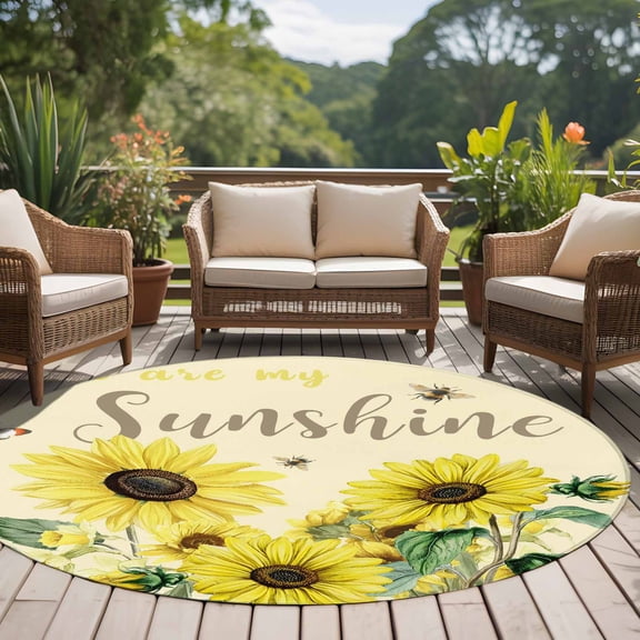 YOU ARE MY SUNSHINE 8ft Round Rug for Open Concept Living Room Seating Zone, Sunflower Bee Butterfly Retro Washable Non Slip Large Circle Area Rug
