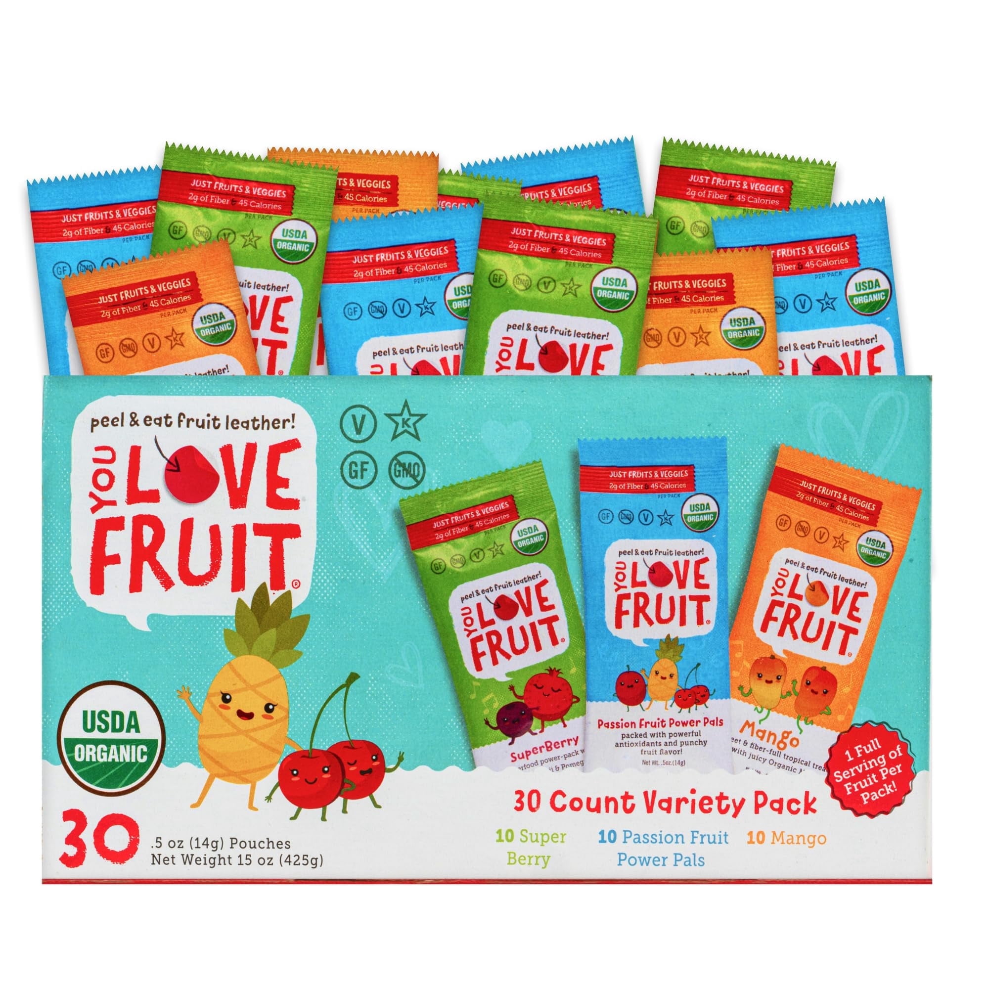 YOU LOVE FRUIT - Fruit Snacks Variety Pack 30 count 100% Natural Gluten-Free Vegan Low Carb Low Fat Fruit Kosher Snacks for Kids College Students Teachers and Offices Healthy