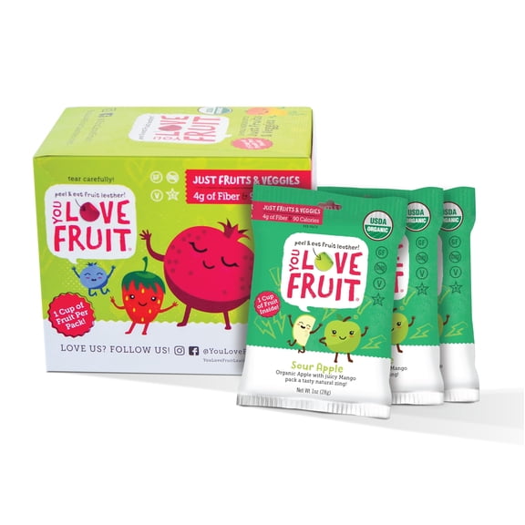 YOU LOVE FRUIT - SOUR APPLE All Natural Fruit Snacks Healthy Snack Pack Real Fruit! Gluten Free Non GMO Vegan Fiber packed Low Fat Kosher Variety Pack Great For Adding To Gift Box 1.0 oz Pack of 12