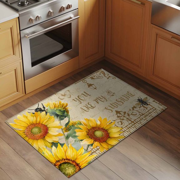 YOU ARE MY SUNSHINE 2x3 Rug for Entryway Front Door Kitchen Sink Area, Retro Sunflowers Floral Bee Brown Fence Low Pile Washable Non Slip Rectangle Area Rug
