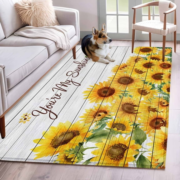YOU ARE MY SUNSHINE Area Rugs 4x6 ft Spring Summer Sunflowers Green Leaf Wood Grain Washable Rug Non Slip Indoor Carpet Absorbent Floor Mat for Living Room Bedroom Dining Room