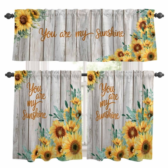 YOU ARE MY SUNSHINE Kitchen Curtains Valances and Tiers 3pcs Spring Summer Flowers Green Leaves Wood Grain Tier Curtains and Valance Rod Pocket Valance Curtains Set for Kitchen Bathroom 27.5"x24"