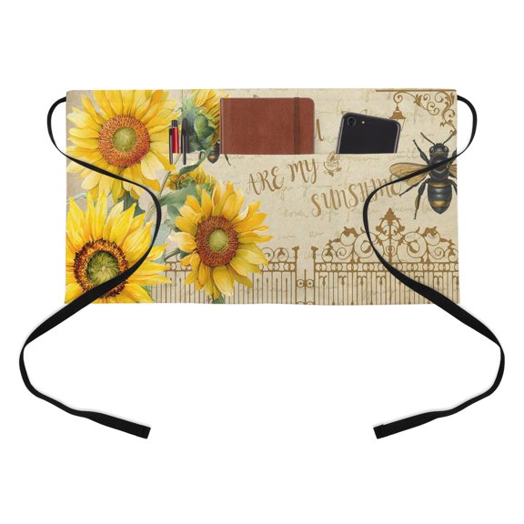 YOU ARE MY SUNSHINE Kitchen Restaurant Half Waist Apron, Retro Sunflowers Floral Bee Brown Fence Server Short Apron with 3 Pockets Waterproof Oil Waist Aprons for Women Waitress Waiter