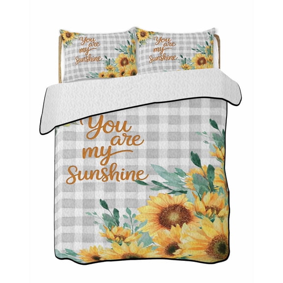 YOU ARE MY SUNSHINE Quilts Bedding Set California King Spring Summer Flowers Green Leaves Gray Plaid Lightweight Quilted Bedspread 3 Piece Bed Quilt with 2 Pillow Shams for Bedroom 96" x 106"
