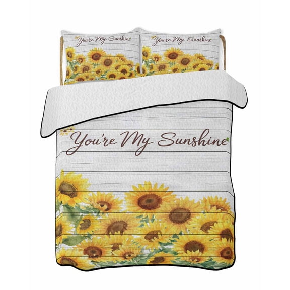 YOU ARE MY SUNSHINE Quilts Bedding Set California King Spring Summer Sunflowers Green Leaf Wood Grain Lightweight Quilted Bedspread 3 Piece Bed Quilt with 2 Pillow Shams for Bedroom 96" x 106"