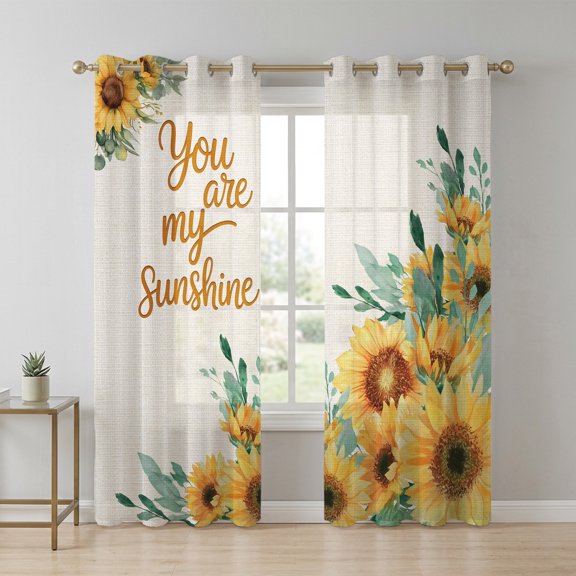 YOU ARE MY SUNSHINE Sheer Curtains 84 Inch Long 2 Panels, Spring Summer Flowers Green Leaves Light Filtering Semi Sheer Drapes Grommet Voile Window Curtain for Living Bedroom W52 x L84