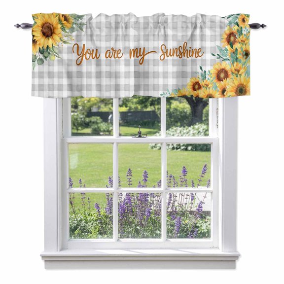 YOU ARE MY SUNSHINE Valances for Windows Spring Summer Flowers Green Leaves Gray Plaid Rod Pocket Cafe Window Treatments Valance Curtains for Kitchen Bathroom Laundry Basement Windows 56"x16"