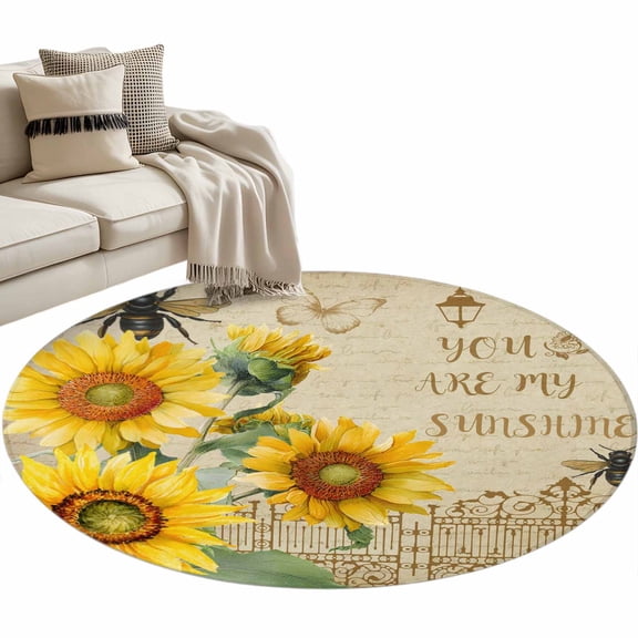 YOU ARE MY SUNSHINE Washable Round Area Rug 4 ft, Retro Sunflowers Floral Bee Brown Fence, Soft Non Slip Rugs Stain Repellent Indoor Felt Carpet for Living Dining Room Bedroom Home Office