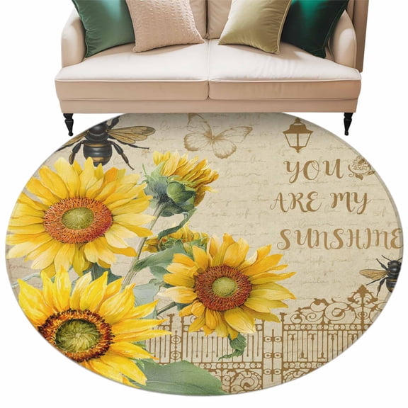 YOU ARE MY SUNSHINE Washable Round Area Rug 6 ft, Retro Sunflowers Floral Bee Brown Fence, Soft Non Slip Rugs Stain Repellent Indoor Felt Carpet for Living Dining Room Bedroom Home Office