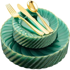 YOUBET 125PCS Clear Green Plastic Plates with Gold Rim for Wedding Party