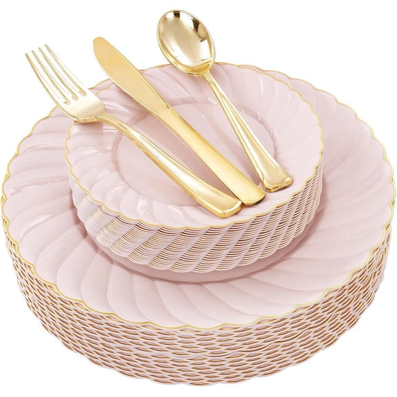YOUBET 125Pcs Pink Plastic Plates with Gold Rim - Scalloped Plastic Plates Set Includes 25 Dinner, 25 Dessert Plate, 75 Gold Silverware for 25Geusts for Wedding Birthday Baby Shower Mothers Day Y101
