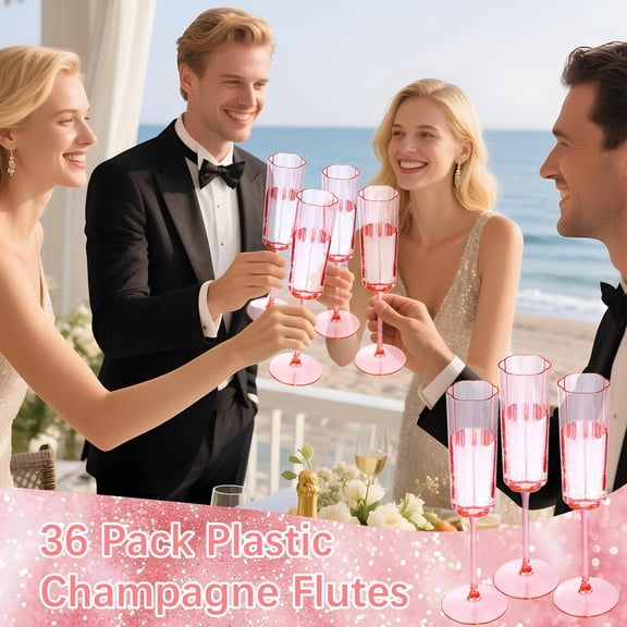 YOUBET 36 Pack Pink Champagne Flutes Plastic - 6 Oz Flower Wavy Champagne Plastic Glasses - Heavy Duty Vintage Disposable Flutes for Wedding Party Birthday Anniversary Valentines Day
