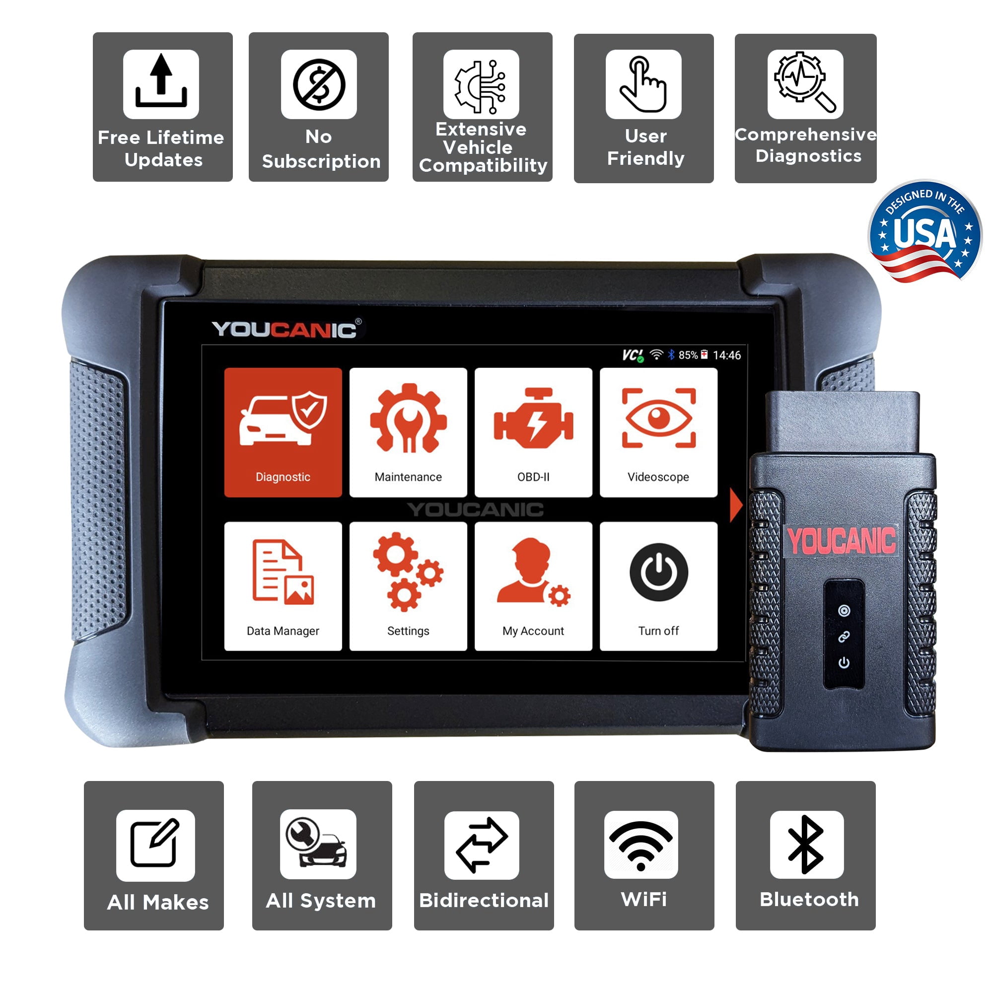 YOUCANIC UCAN-II-D Pro OBD2 Scanner – Full System Diagnostics for Cars, SUVs & Light Trucks with Bi-Directional Tests & Service Functions