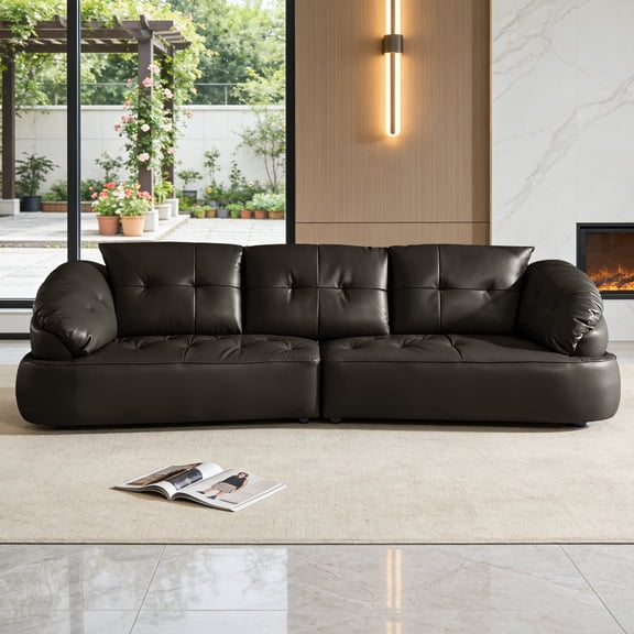 YOUDAO 122" Luxury Top Grain Leather Sofa Couch, Modern Couch with Solid Wood Frame & High-Density Foam, Hand-Tufted Genuine Leather 3-Seater,Wide Seater for Living Room, Office (Brown)
