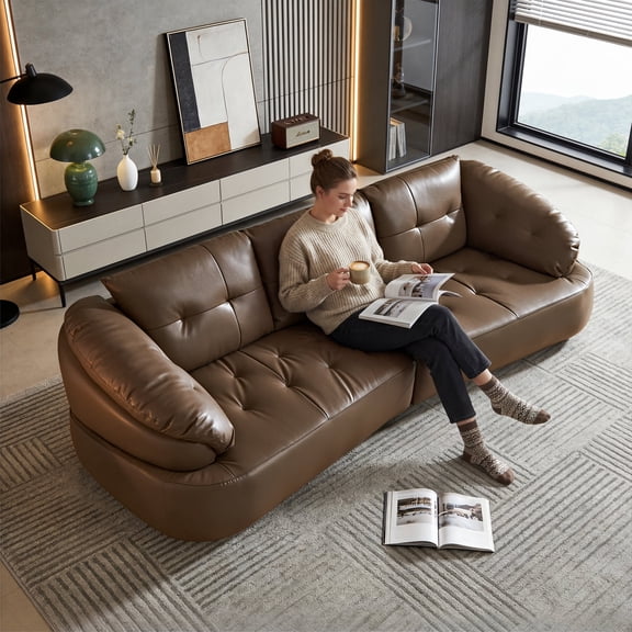 YOUDAO 122" Luxury Top Grain Leather Sofa Couch, Modern Couch with Solid Wood Frame & High-Density Foam, Hand-Tufted Genuine Leather 3-Seater,Wide Seater for Living Room, Office (Brown)