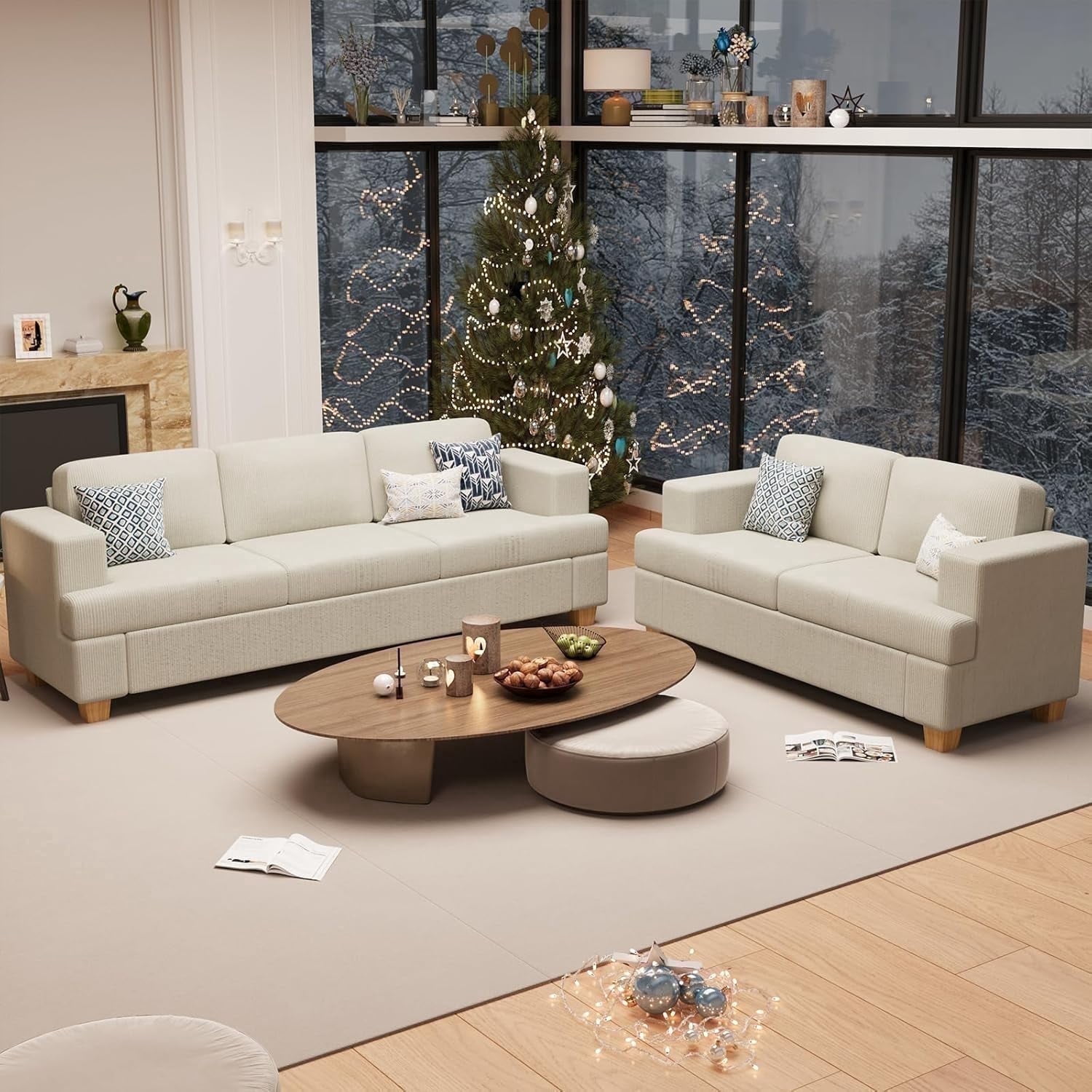 YOUDENOVA 2 Piece Set Comfy Sofa Couch, 3 Seater & Loveseat Sofa with Deep Seats, Modern Sleeper Couch for Living Room,Beige