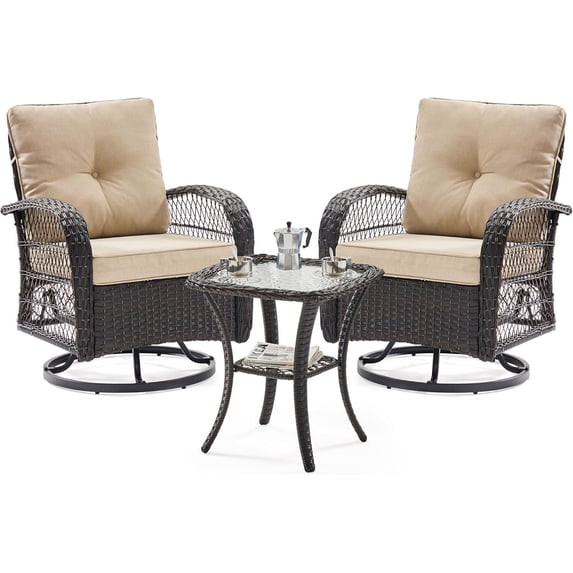 YOUDENOVA 3-Piece Wicker Patio Bistro Set with Rattan Rocking Chairs, Glass Top Side Table, and Thick Cushions for Porch, Deck & Backyard