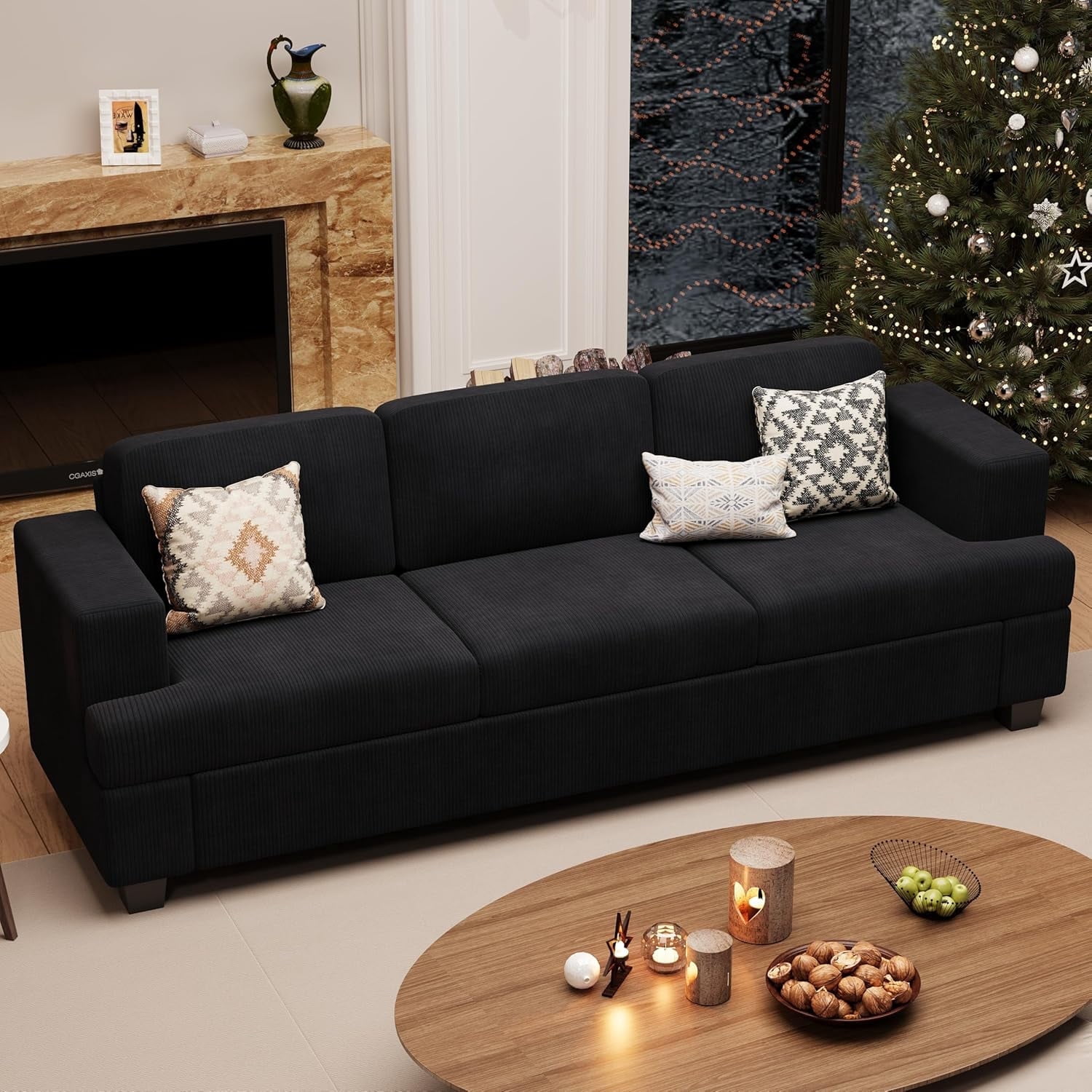 YOUDENOVA 3 Seater Sofa Couch with Deep Seats, 87" Mid Century Modern Upholstered Sofa with Armrests, Corduroy Couches for Living Room, Bedroom,Dark Gray