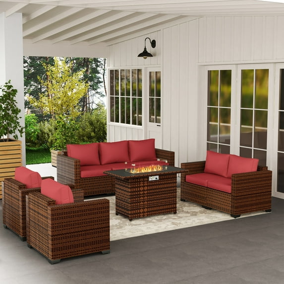 YOUDENOVA 5-Piece Outdoor Wicker Furniture Set with Fire Pit Table, Stylish Patio Sofa with Wide Armrests and Waterproof Covers, Perfect for Backyard, Porch, and Poolside