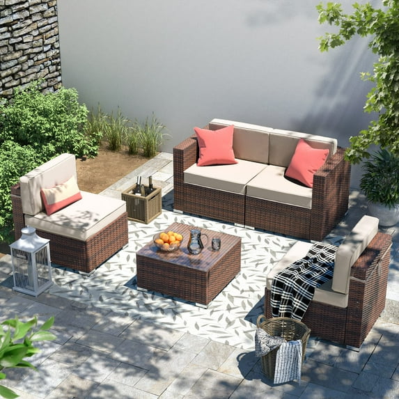 YOUDENOVA 5 Pieces Outdoor Sectional Sofa with Tea Table, PE Rattan Patio Furniture Sets,Cream