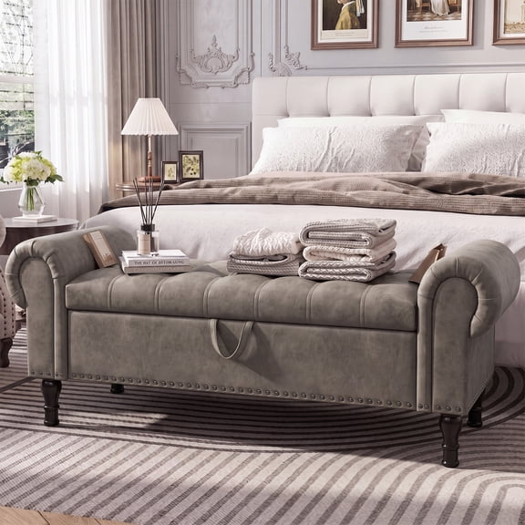 YOUDENOVA 60" Storage Bench for Bedroom, Queen Faux Leather Storage Ottoman Bench with Button, Upholstered End of Bed Bench with Rolled Arms for Bedroom, Living Room, Entryway,Light Gray