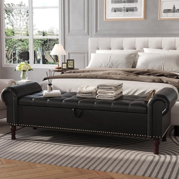 YOUDENOVA 60" Storage Bench for Bedroom Queen Leather Storage Bench with Button, Upholstered Bedroom Bench with Rolled Arms for Living Room, Entryway,Black