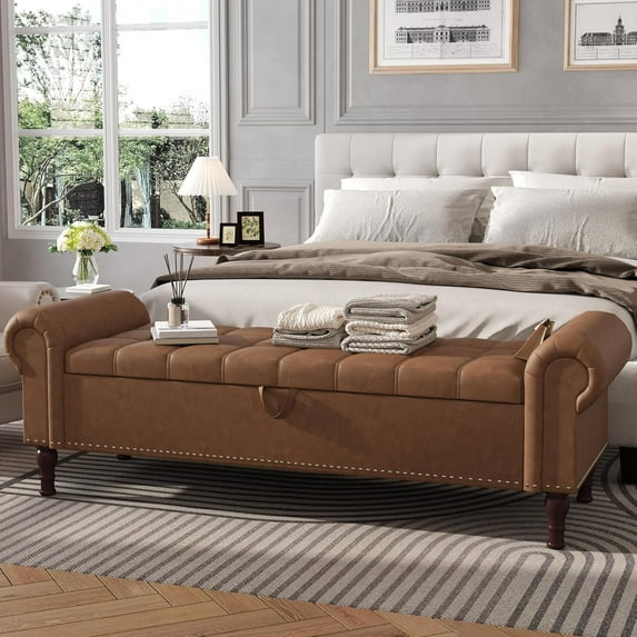 YOUDENOVA 60" Storage Bench for Bedroom Queen Leather Storage Bench with Button, Upholstered Bedroom Bench with Rolled Arms for Living Room, Entryway,Brown