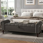 YOUDENOVA 60 Storage Bench for Bedroom Queen Leather Storage Bench with Button, Upholstered Bedroom Bench with Rolled Arms for Living Room, Entryway,Gray