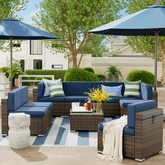 YOUDENOVA 9 Pieces Outdoor Sectional Sofa with Tea Table, PE Rattan Patio Furniture Sets,Navy Blue