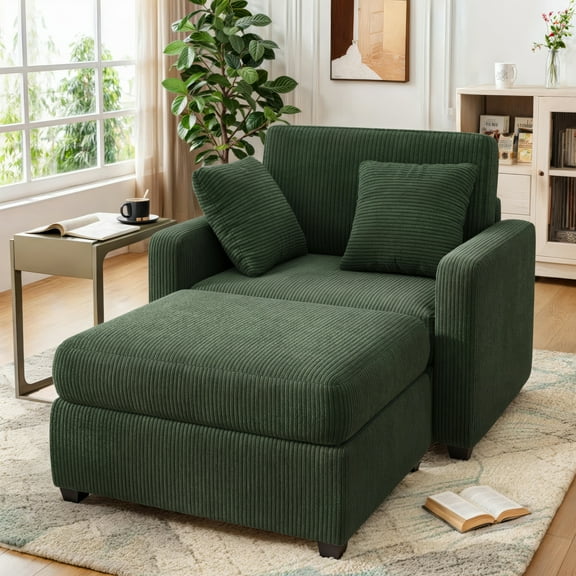 LUMIHO Chaise Lounge Chair Indoor, 42" Sleeper Chair with Two Throw Pillows and Armrests, Corduroy Chaise Couch Chair with Ottoman for Living Room, Bedroom, Apartment, Green